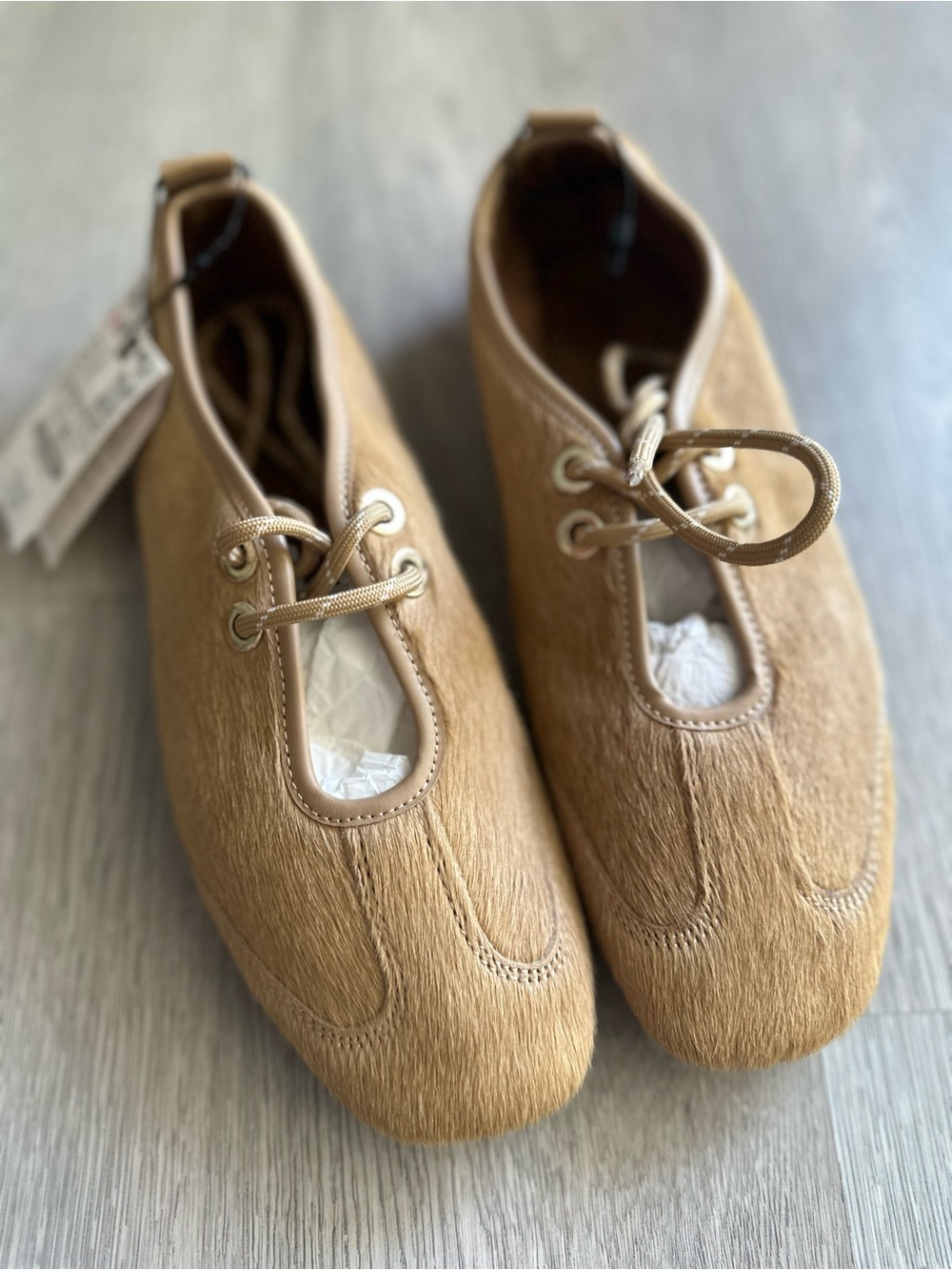 Zara leather fur lace up flats